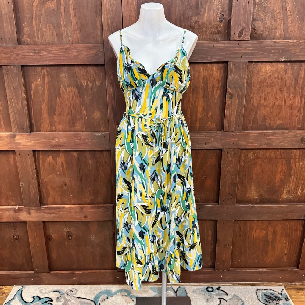 Sleeveless Yellow & Green Printed Midi Dress with Spaghetti Straps